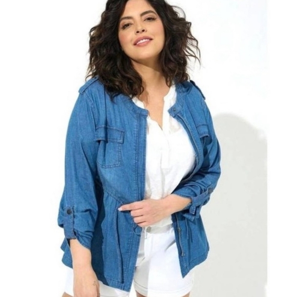 torrid Jackets & Blazers - NWT Torrid 0 L 12 Chambray Tie Waist Utility Jacket Blue J-3333